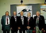 Oxcart pilots displaying Blackbird Laurels Medallions after being inducted into the Blackbird Laurels Fraternity, an elite honor society founded by the Flight Test Historical Foundation. Left to Right: Frank Murray, Dennis Sullivan, Ken Collins, Mele Vojvodich, Jack Layton